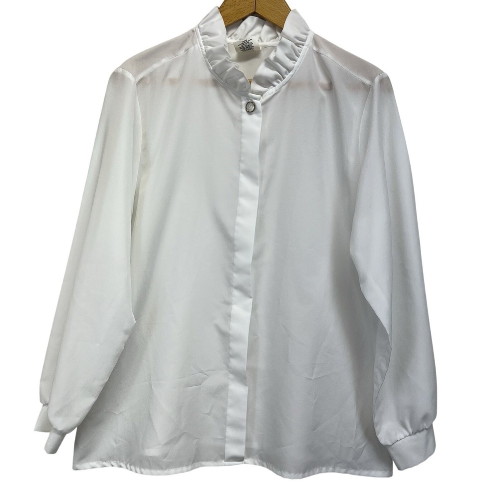 Nikki Vintage Ruffle High Neck Blouse Womens 13/14 L White Long Sleeve Button